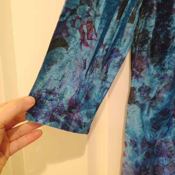 One World Velvet Tunic Top Blouse 3/4 Sleeve Blue Turquoise Medium M Boho Sequin - Picture 5 of 13